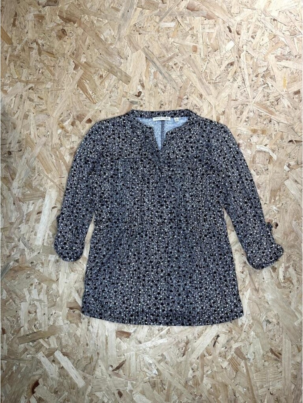 Notations Petite Top Womens PS Black White Polka Dot 3/4 Roll Tab Sleeve Blouse